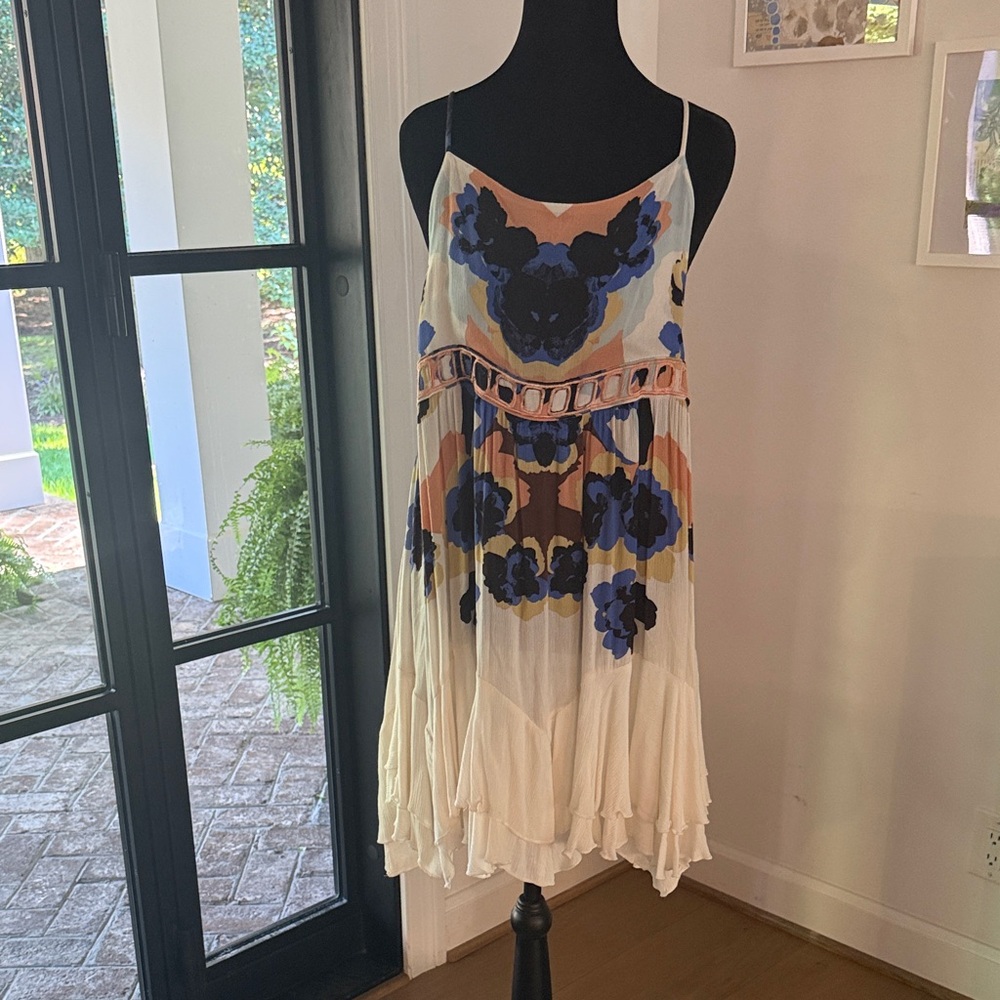 Free People Floral Mini Dress in Blue and Cream